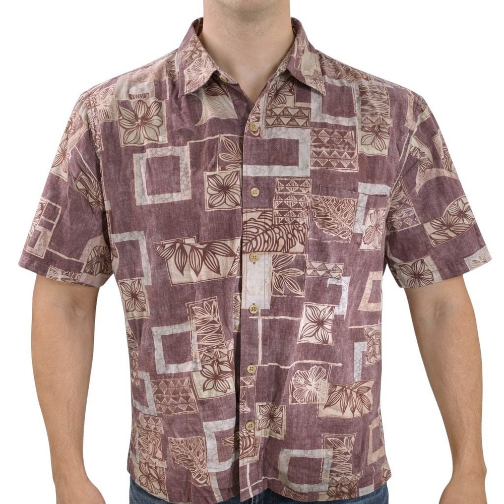 Cooke Street Hawaiian Aloha Shirt‎ XL Floral Tribal Reverse Print Pale Red-Brown